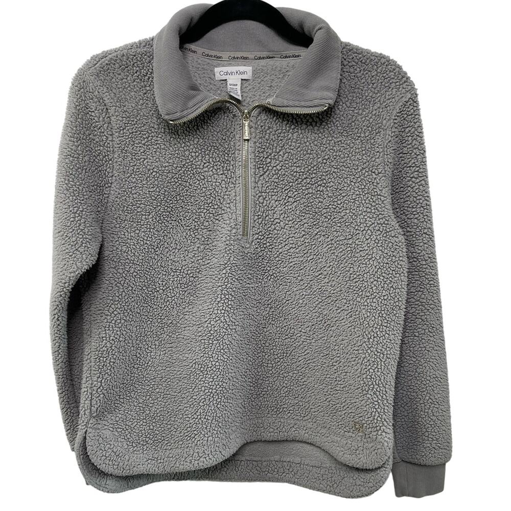 Calvin Klein Sherpa Sweatshirt Quarter Zip Long Sleeve Pullover Gray Cozy‎ S